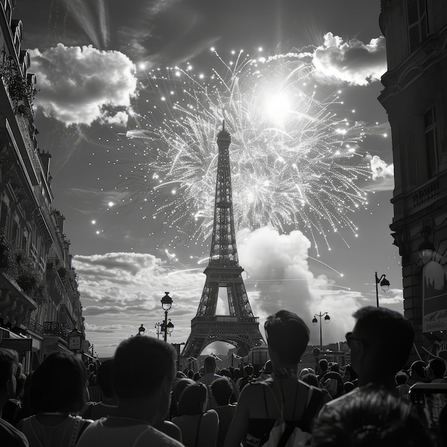 Photo crowds of people celebrate bastille day in paris france