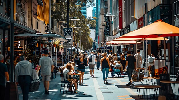 Photo crowds of people walking on a busy city street with restaurants and shops