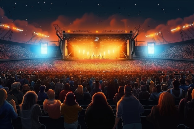 Crowds in a rock concert in a large stadium with many visitors