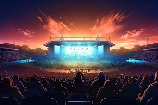 Crowds in a rock concert in a large stadium with many visitors