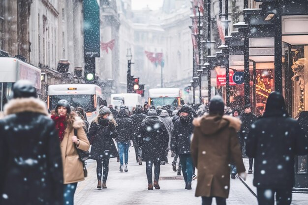 クリスマスショッピング中の混雑した街路に雪が降る街の後処理された生成AI