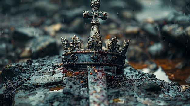 Фото Корона и меч, сломанные после войны, застрявшие на камне после войны.