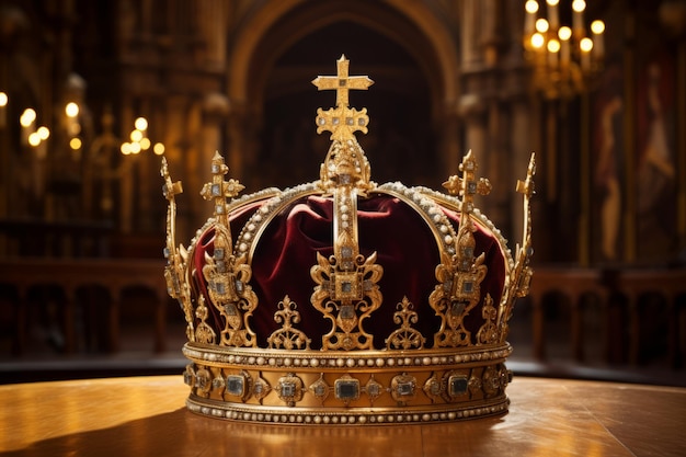 A crown displayed in a regal palace