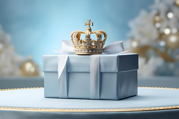 Crown and gift box on blue background 3d rendering ai generated