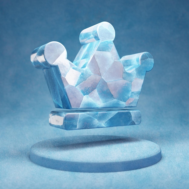 Crown icon. Cracked blue Ice Crown symbol on blue snow podium. Social Media Icon for website, presentation, design template element. 3D render.