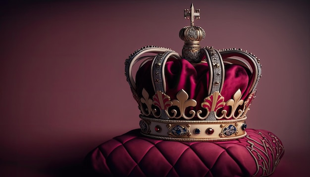 A crown on a red cushion with a red cushion.