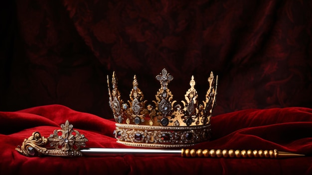 Crown and scepter on red velvet