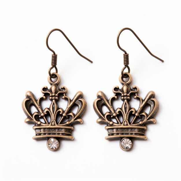 Photo crown shaped brass earrings with sepia tone inspired design