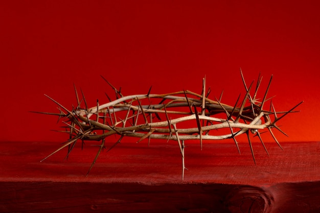 Photo crown thorn thorny red blood background close up