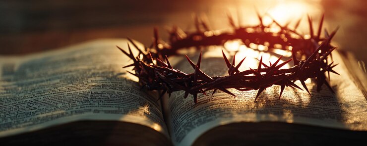 Photo crown of thorns evoking crucifixion of jesus christ lying on open bible under warm sunlight