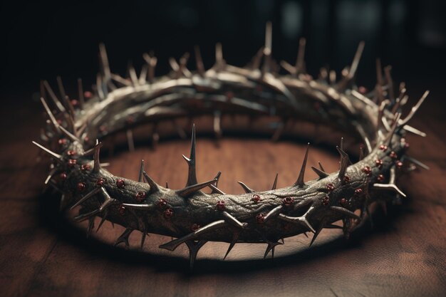 A crown of thorns is shown on a table.