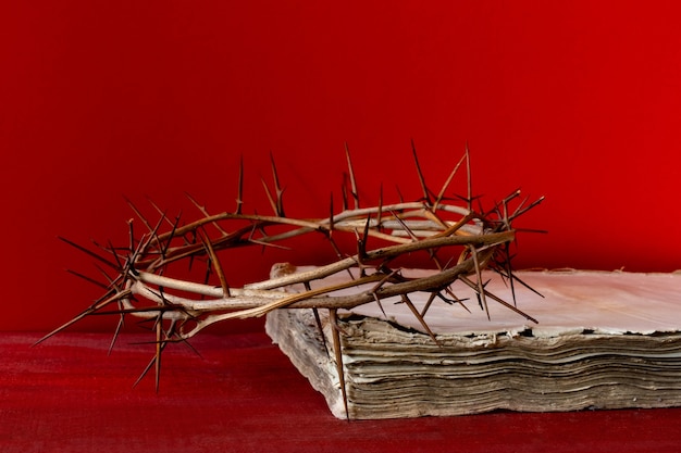 Crown thorns and old bible or book on the red background, copy space.