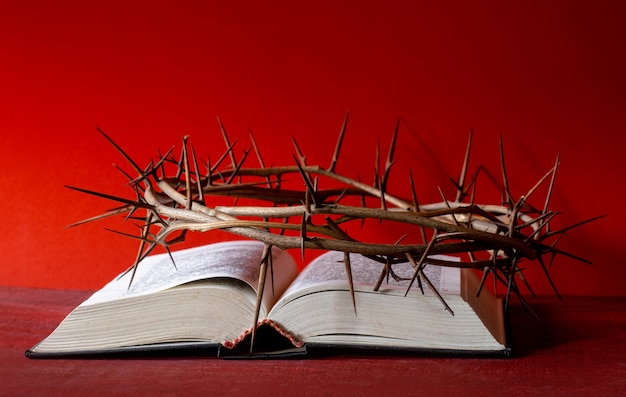 Crown thorns and old bible or book on the red background, copy space.