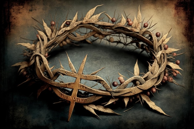 Crown of thorns with christian cross on grunge background Generative AI