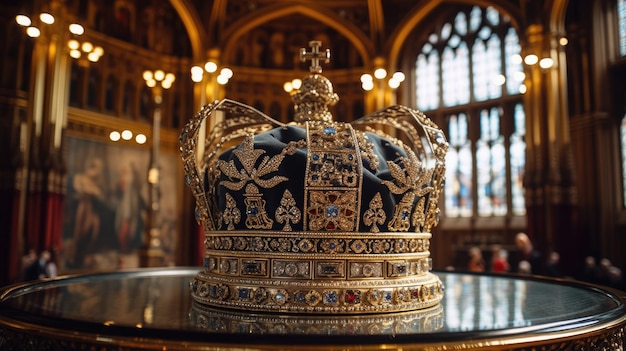 宮殿の華やかなデザインテーブルにイギリスの王冠が美しい生成AI AIG32