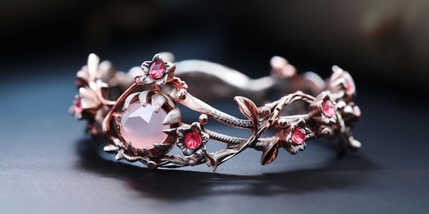 Корона с нежными цветами и красными розовыми кварцевыми камнями в паре с брачным кольцом с цветочным рисунком