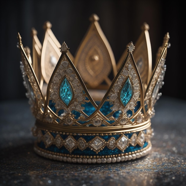 A crown with diamonds and diamonds on it is on a table.