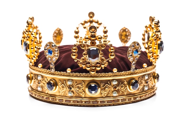 A crown with gold and blue stones on it
