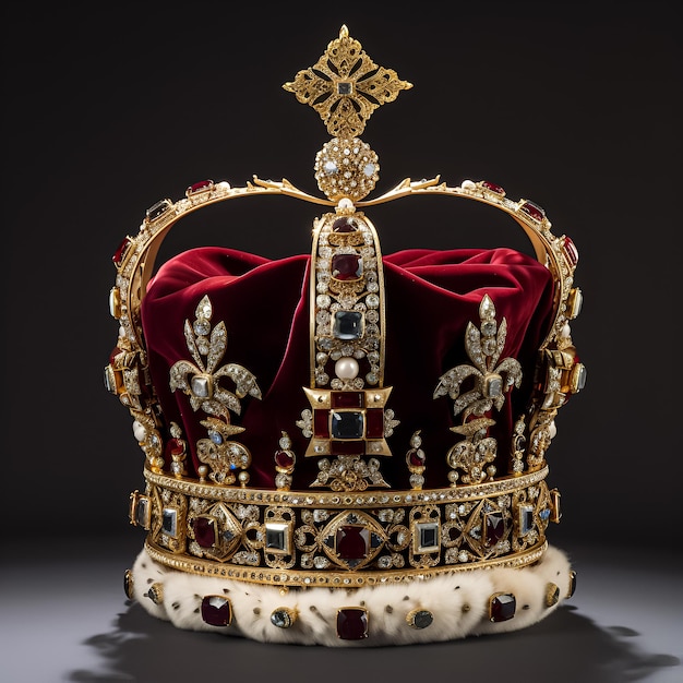A crown with a red velvet cloth and stones on it.