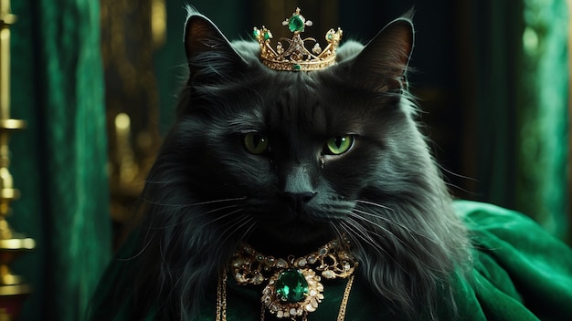 crowned black cat and green eyes