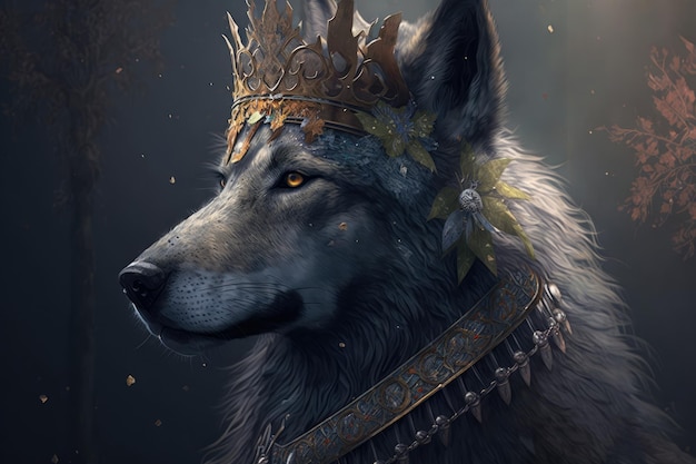 The Crowned Wolf Gray Wolf with a Crown on its Head Standing in the Forest