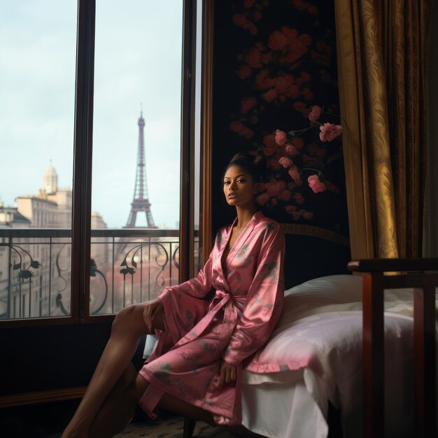 Photo crowns and kimonos captivating the essence of elegance amidst the parisian skyline