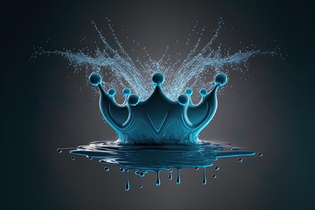 Crownshaped water splash with spray droplets and a heartshaped droplet on a seethrough blue backdrop