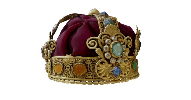 A croyal crown with a red velvet cloth and a gold ring