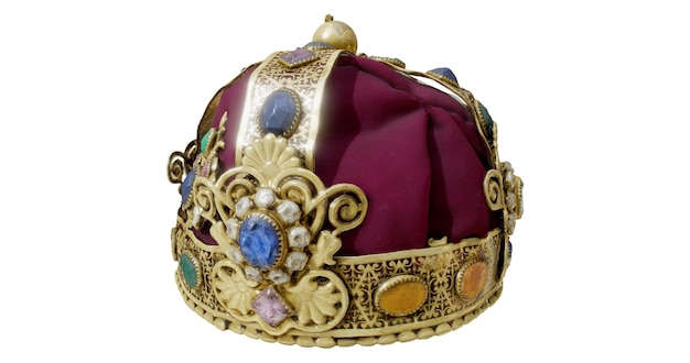 A croyal crown with a red velvet cloth and a gold ring