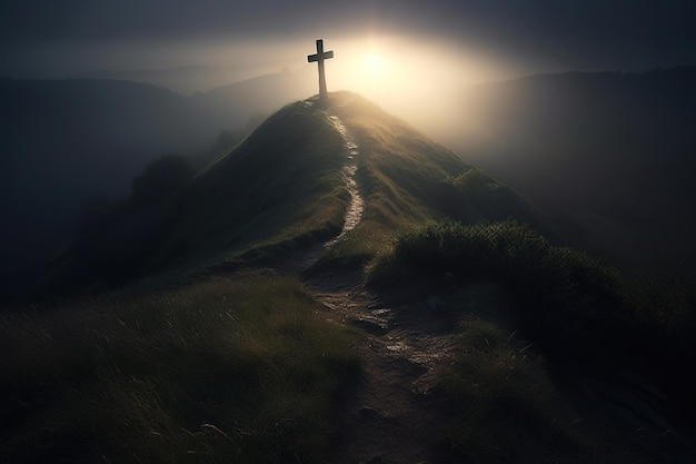 a crucifix atop a hill with the rising sun visible in the background