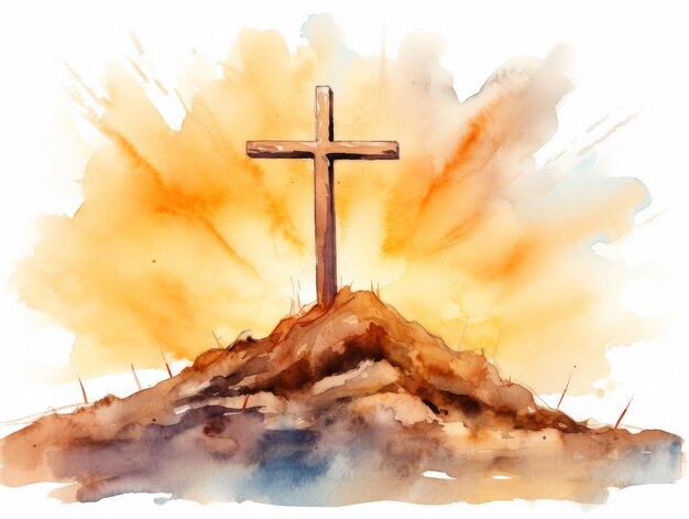 Photo crucifix on the hill watercolor hand drawn illustration generative ai