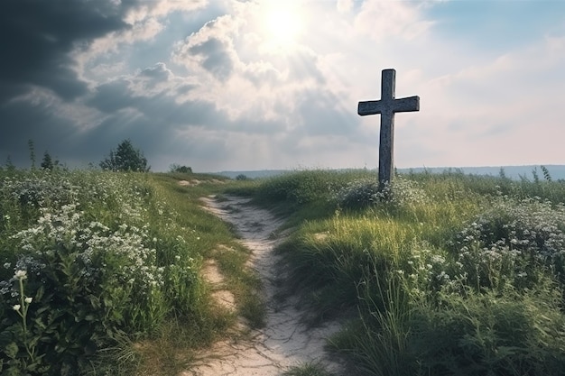 a crucifix in the midst of a meadow filled with greenery