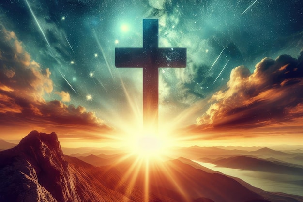Символ распятия Иисуса на фоне закатного неба