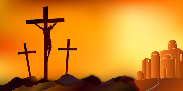 Crucifix the three crosses with Jesus in the middle background of a church at sunset