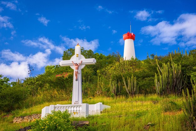 Crucifix and tower on St Barthelemy Island