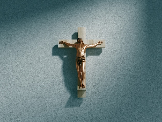 Crucifix on wall in spotlight inside old dark church or cathedral. Jesus Christ on cross. Religion, belief and hope. Holy and sacred places. 3d rendering illustration