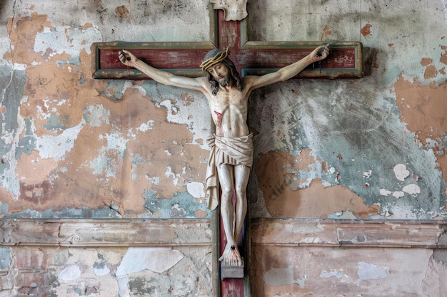 교회 벽 에 예수 의 형상 이 그려진 십자가