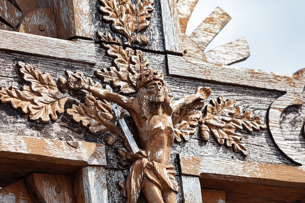 Crucifixion of Christ and a large number of crosses at Hill of Crosses. Hill of Crosses is a unique monument of history and religious folk art in Siauliai, Lithuania.