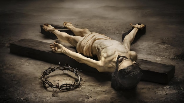 Foto crocifissione di gesù cristo croce con tre chiodi e corona di spine a terra
