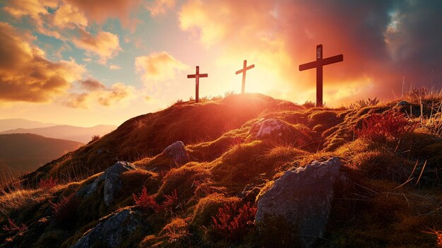 Crucifixion Of Jesus Christ At Sunrise Three Crosses On Hill Generative AI