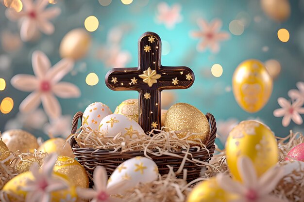 Photo crucifixion of jesus christ with easter ornament for design easter card and social media post