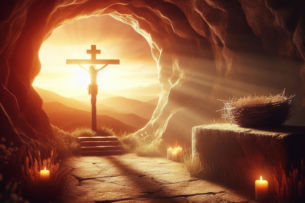 Foto crocifissione e resurrezione è risorto tomba vuota di gesù con croci sullo sfondo e illuminazione cinematografica pasqua o resurrezione
