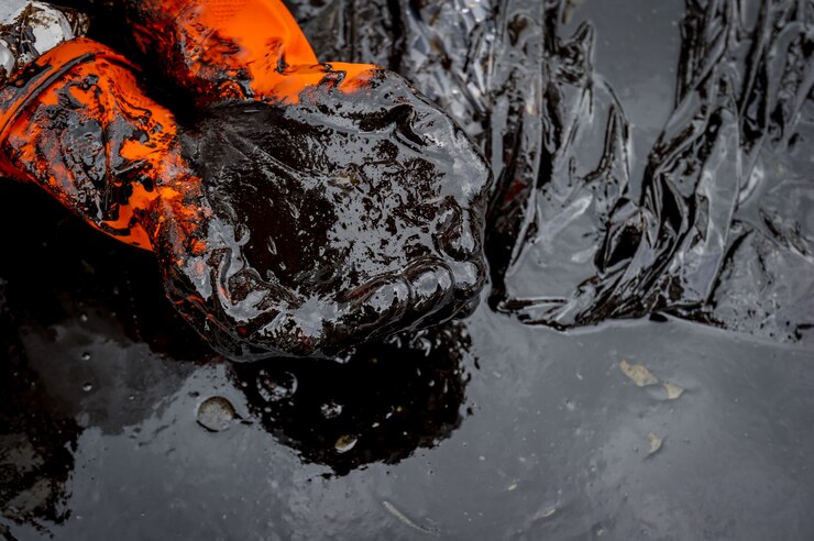 Photo crude oil along the beach of ao phrao after a nearby oil spill in gulf of thailand.