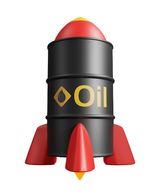 白い背景の3dレンダリングで分離された石油バレルロケットの原油価格の概念設計