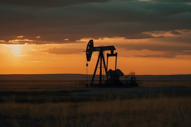 Crude oil pumpjack rig on desert background in evening sunset