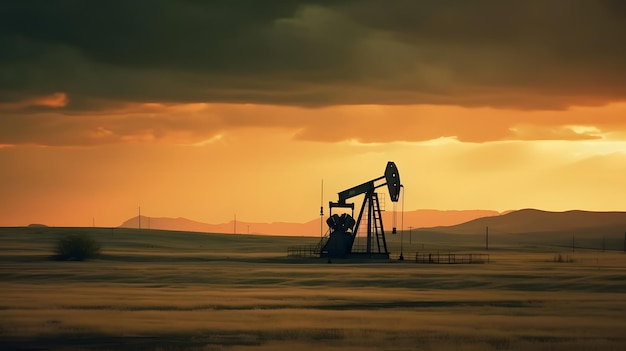 Photo crude oil pumpjack rig on desert background in evening sunset