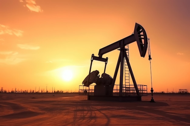 Crude oil pumpjack rig on desert in evening sunset AI generated image