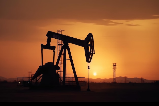 Crude oil pumpjack rig on desert in evening sunset generative AI