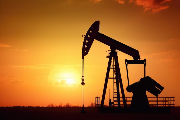 Crude oil pumpjack rig on desert in evening sunset