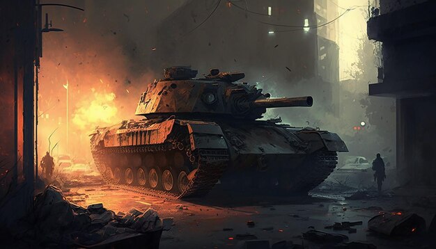 Cruel war scene with tank and soldiers Generative ai